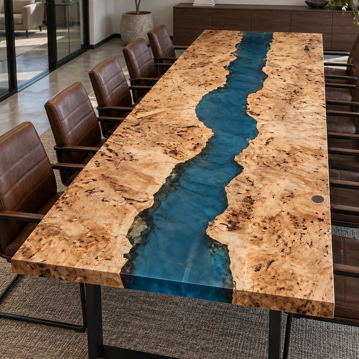 Rectangular poplar burl meeting table featuring a glossy deep blue resin channel and irregular natural wood borders