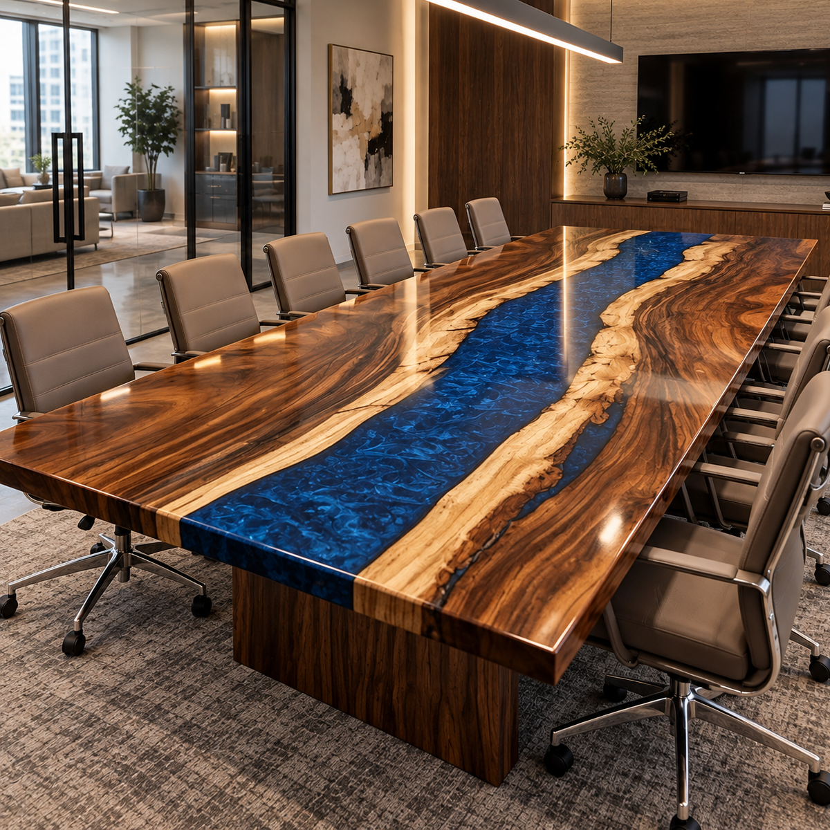 Angled view of a walnut epoxy resin conference table with a swirling blue river and beige office chairs
