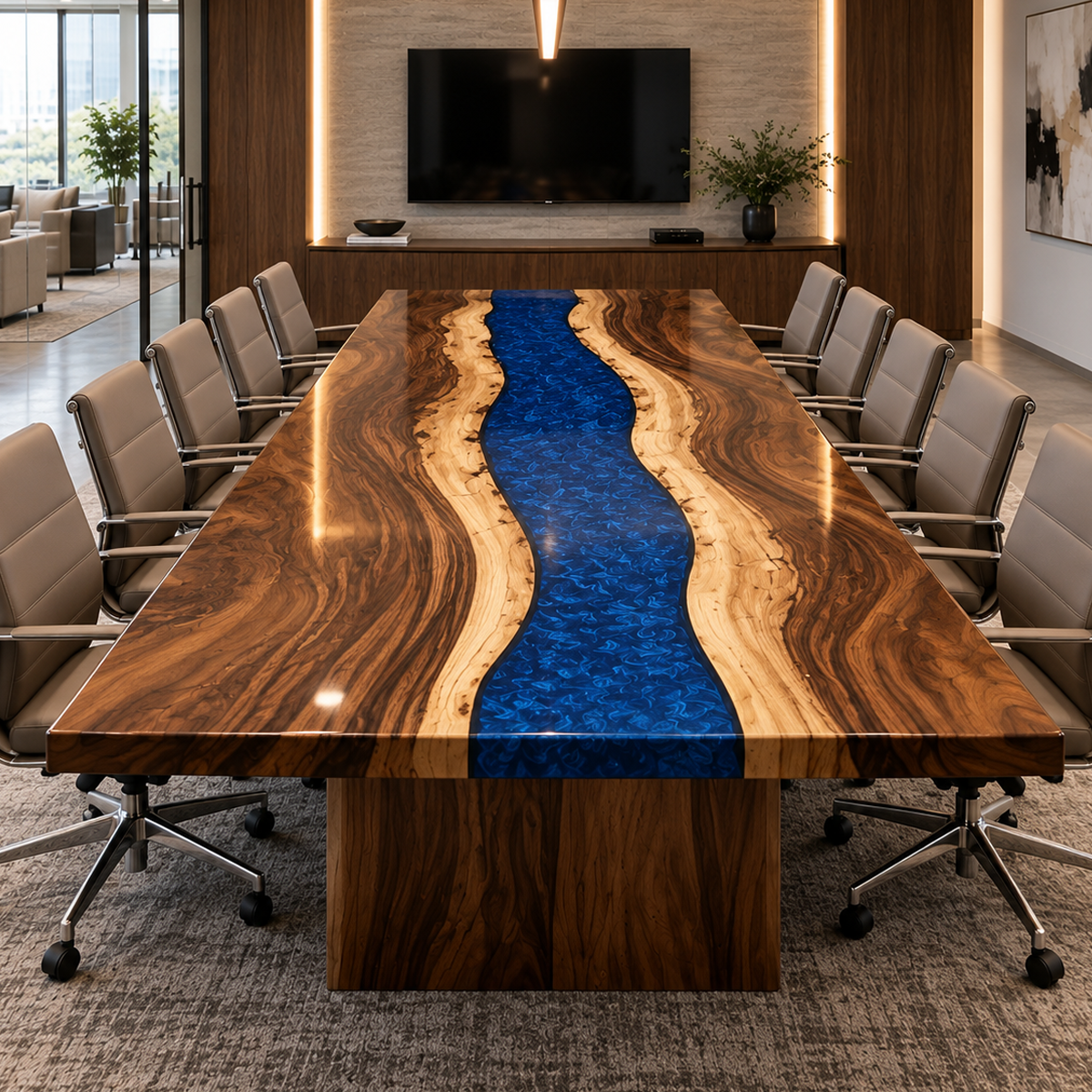 End view of a walnut conference table with a blue epoxy resin river and pale natural wood edges