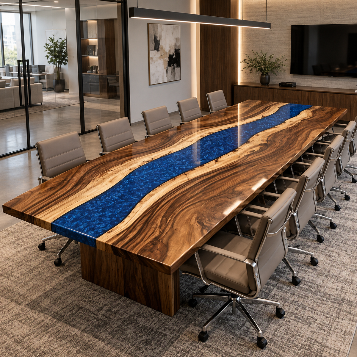 Wide diagonal view of a walnut blue epoxy resin conference table in a boardroom beside a glass-walled lounge