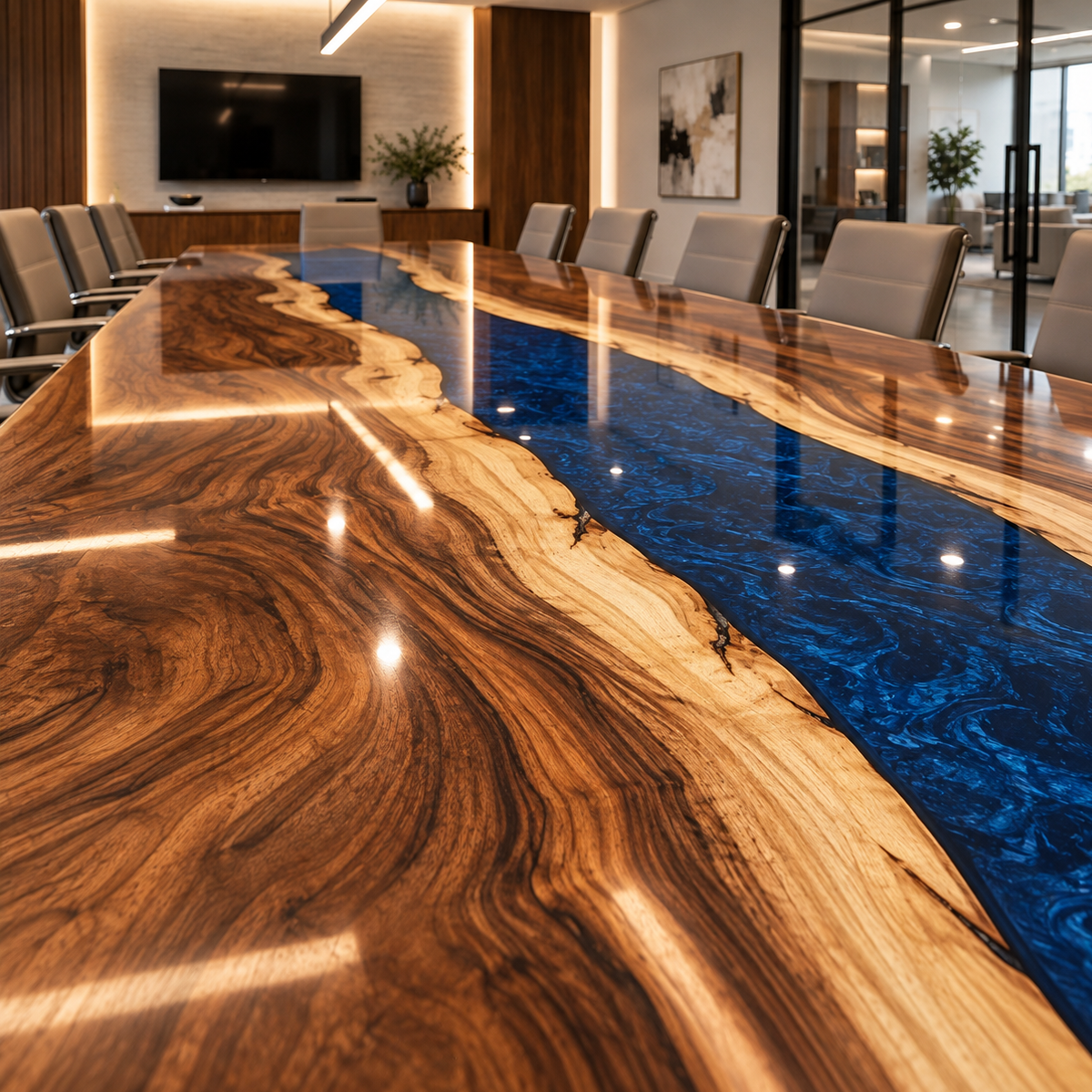 Low view along the walnut tabletop showing rich brown grain, pale inner edges, and glossy blue epoxy resin