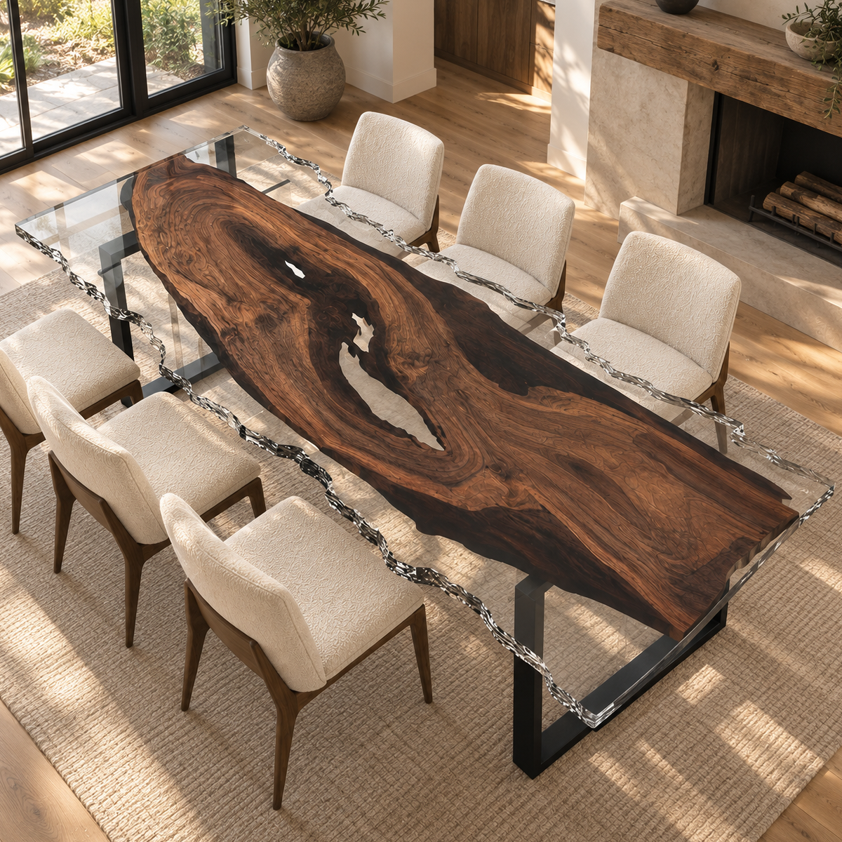 Rectangular clear resin dining table featuring a black walnut slab with sweeping grain and irregular natural edges