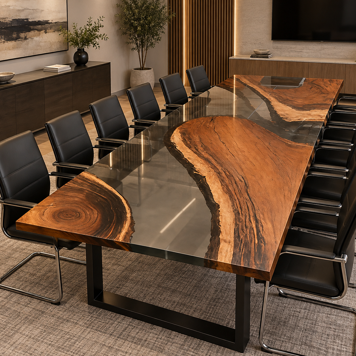 Rectangular walnut and clear epoxy conference table featuring a broad curved wood section and a circular grain detail near one corner