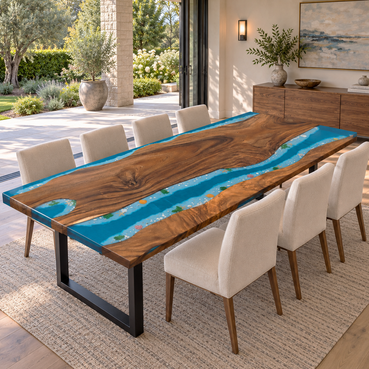 Rectangular walnut dining tabletop featuring vivid blue resin along irregular wood edges and a broad center of swirling grain