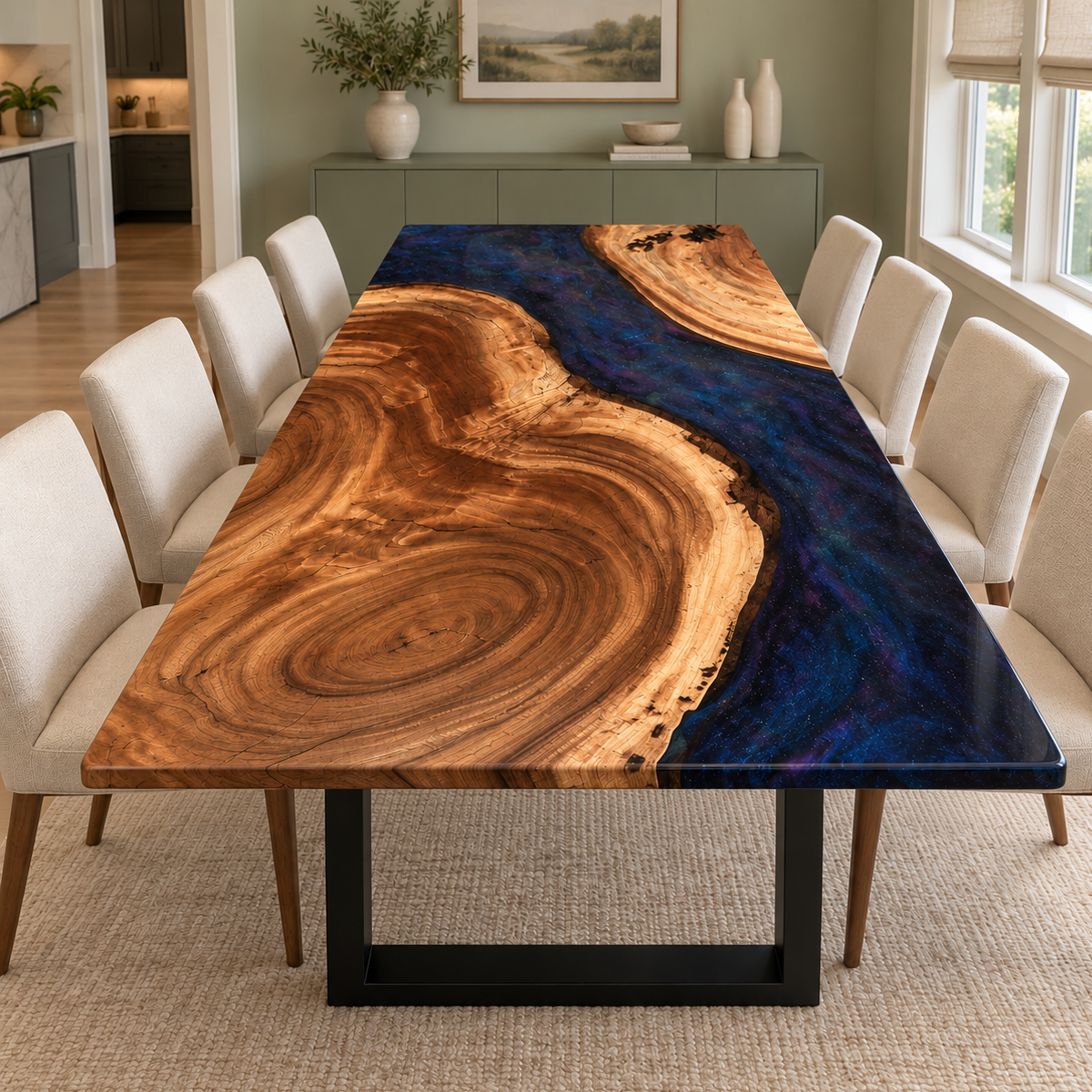 Rectangular walnut and deep blue epoxy dining table surrounded by cream upholstered chairs in a bright open-plan interior