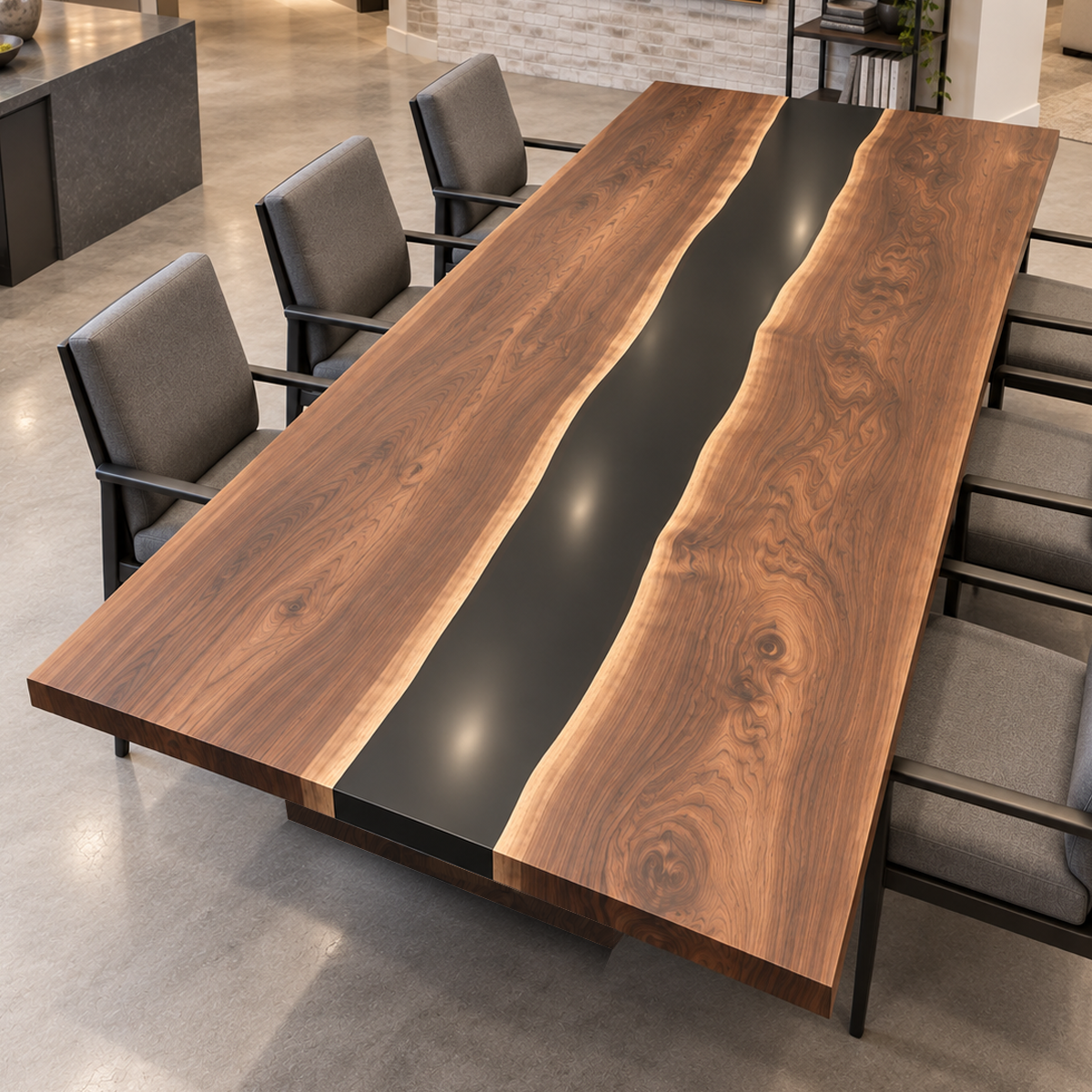 Elevated angled view of a Walnut Epoxy Resin dining table with a black resin river and gray chairs in an open kitchen