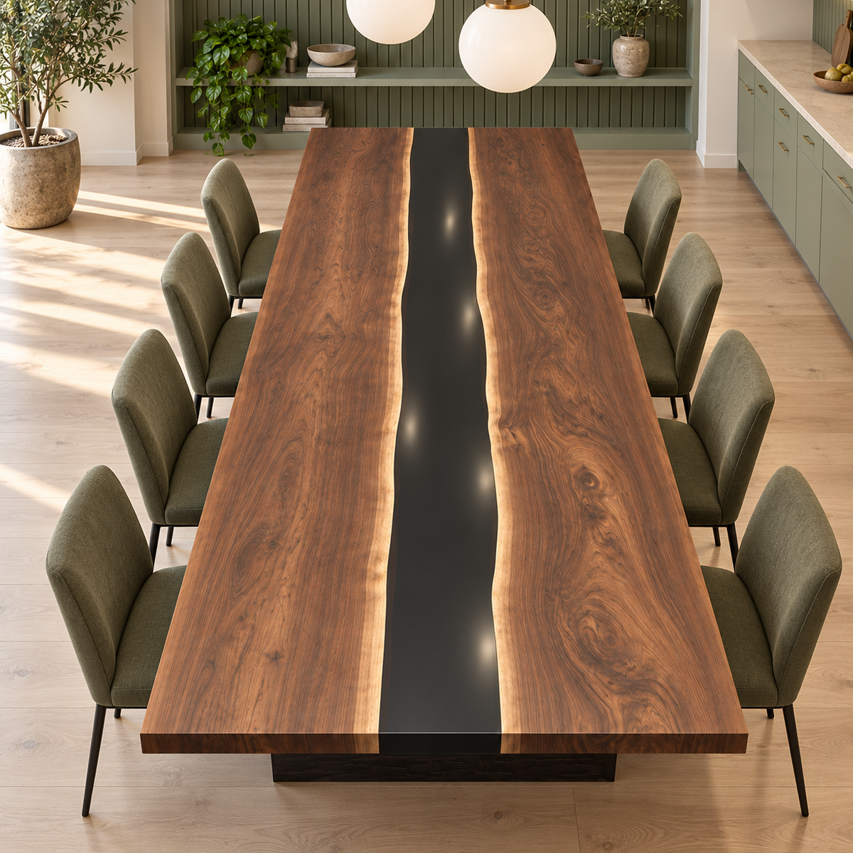 Elevated end view of a Walnut Epoxy Resin dining table with a black center river and green chairs beneath globe pendants