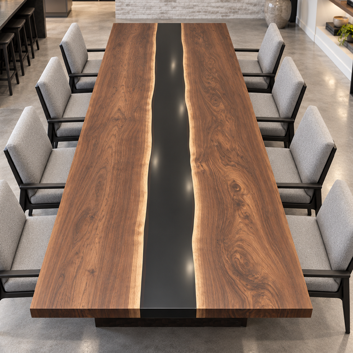 High front view of a Walnut Epoxy Resin dining table showing the full black river and walnut grain between gray chairs