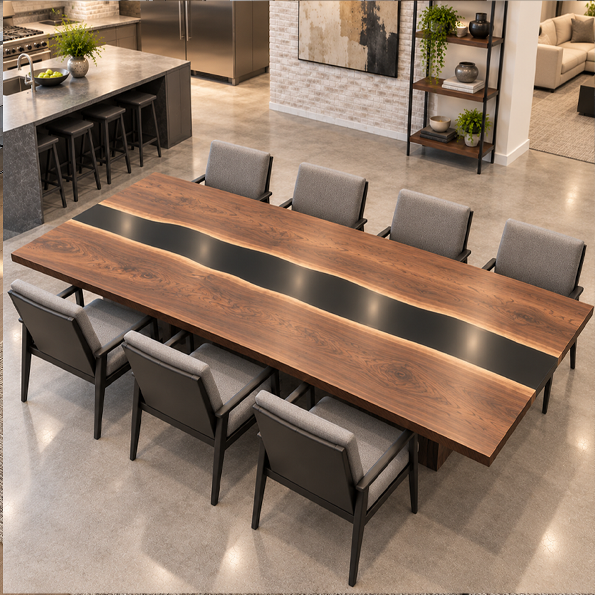 High side view of a rectangular Walnut Epoxy Resin dining table with a black river and eight gray dining chairs