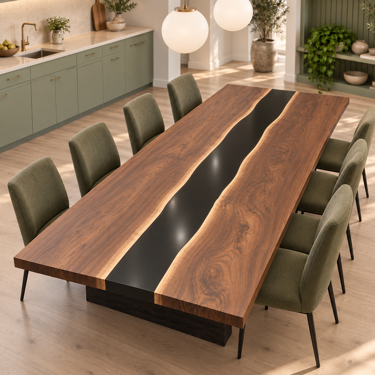Angled view of a Walnut Epoxy Resin dining table with a black river, green chairs, and sage kitchen cabinetry