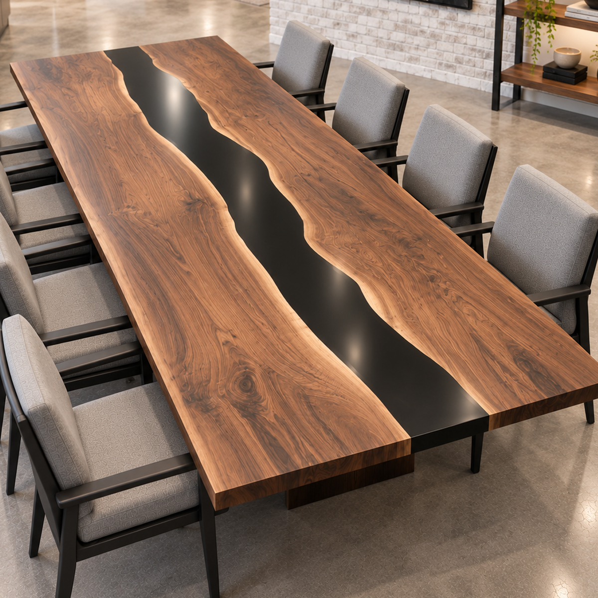 Angled tabletop view of a Walnut Epoxy Resin dining table showing light wood edges along the glossy black river