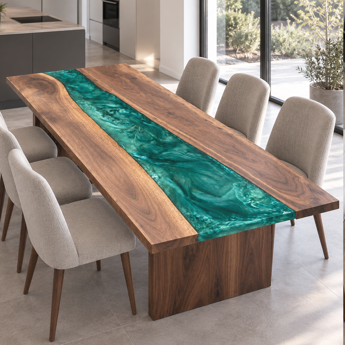 Angled view of a Walnut Epoxy Resin dining table with an emerald green river, wood panel legs, and cream chairs beside garden windows.