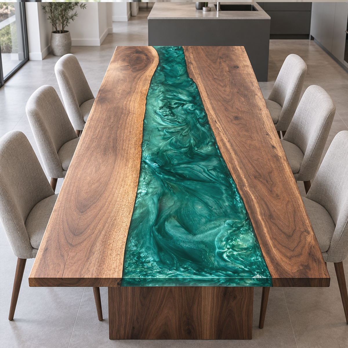 Elevated end view of a Walnut Epoxy Resin dining table, showing green swirls between natural wood sections and cream upholstered chairs.