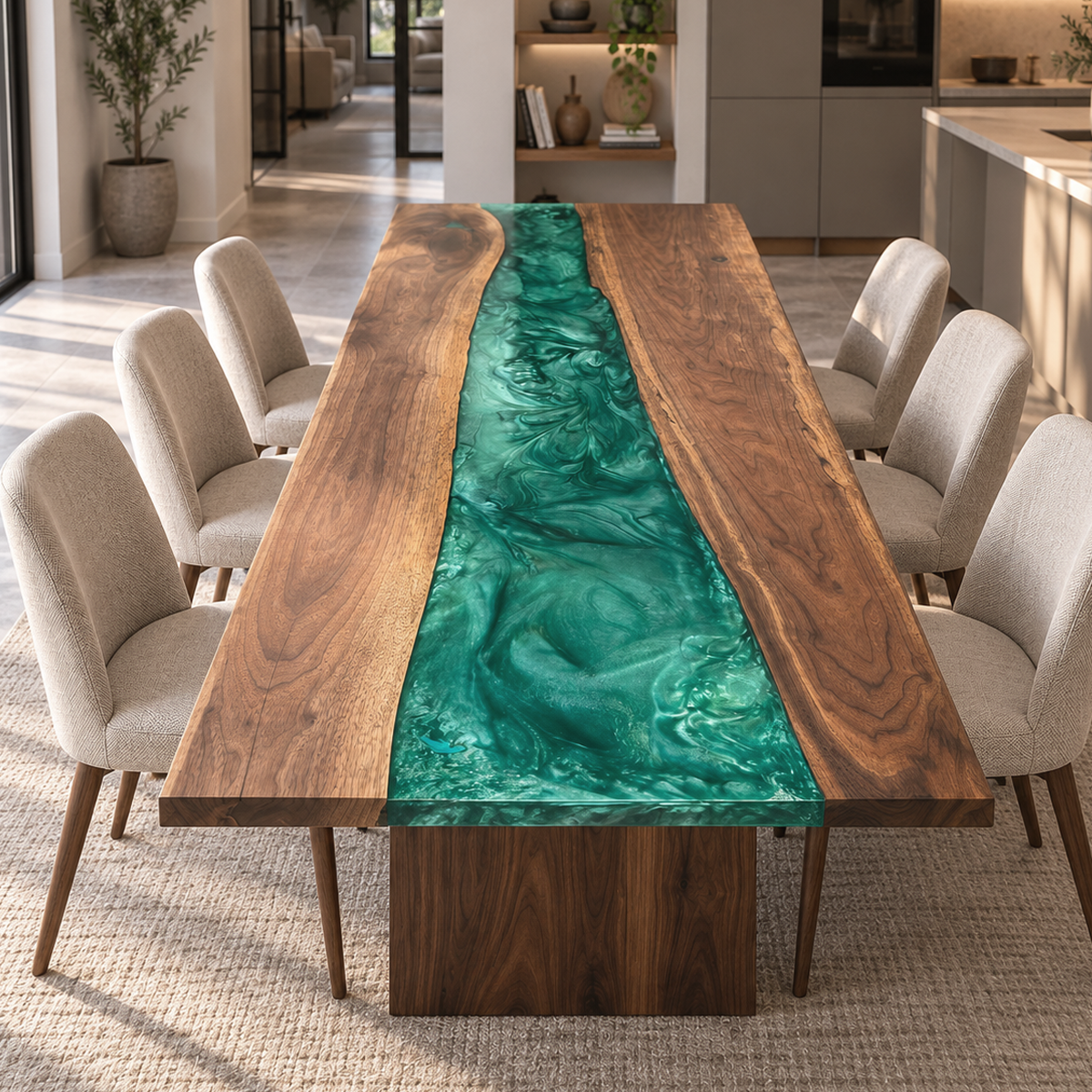 Front view of a Walnut Epoxy Resin dining table with an emerald green swirl river and cream chairs in a bright kitchen dining area.