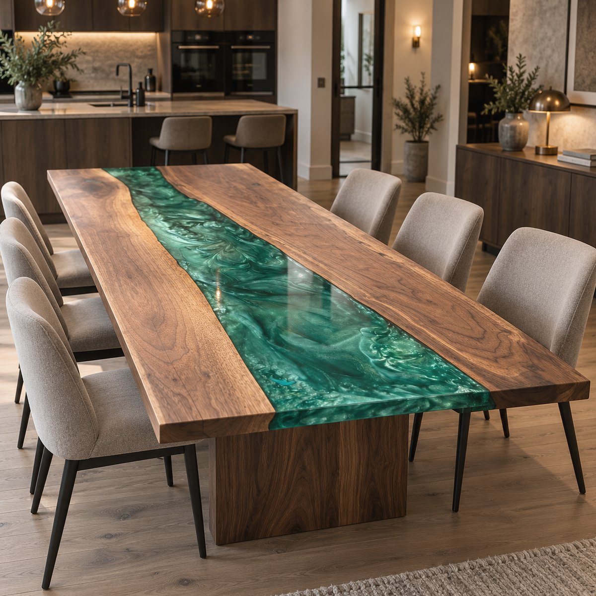 Walnut Epoxy Resin dining table with a swirling green river and cream dining chairs, viewed diagonally toward an open kitchen.