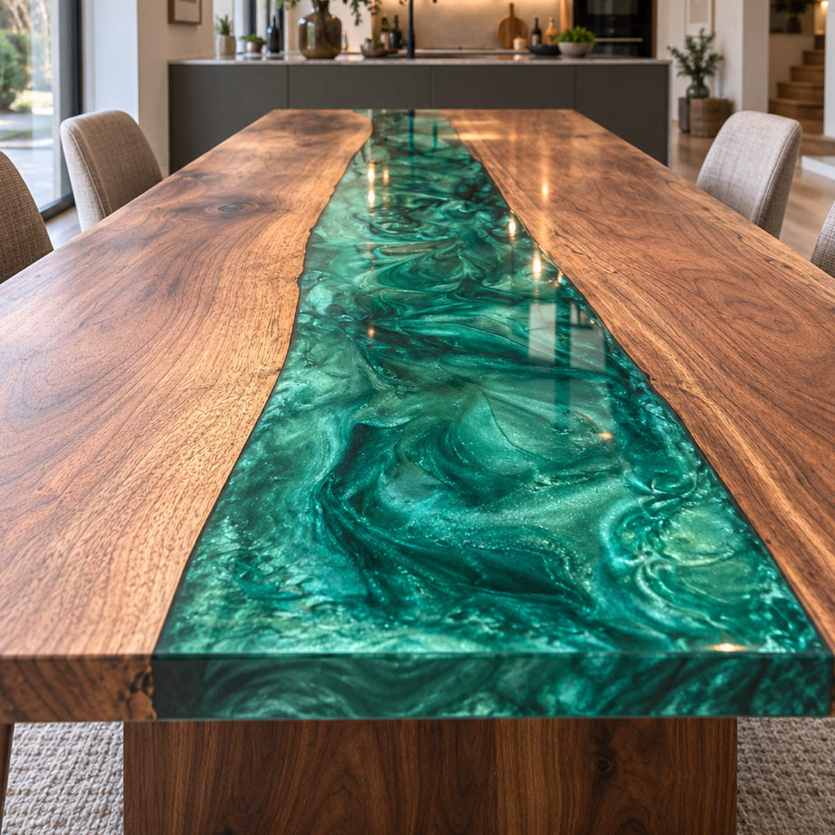 Close-up along a Walnut Epoxy Resin tabletop, showing glossy emerald green swirls, natural wood grain, and window reflections.