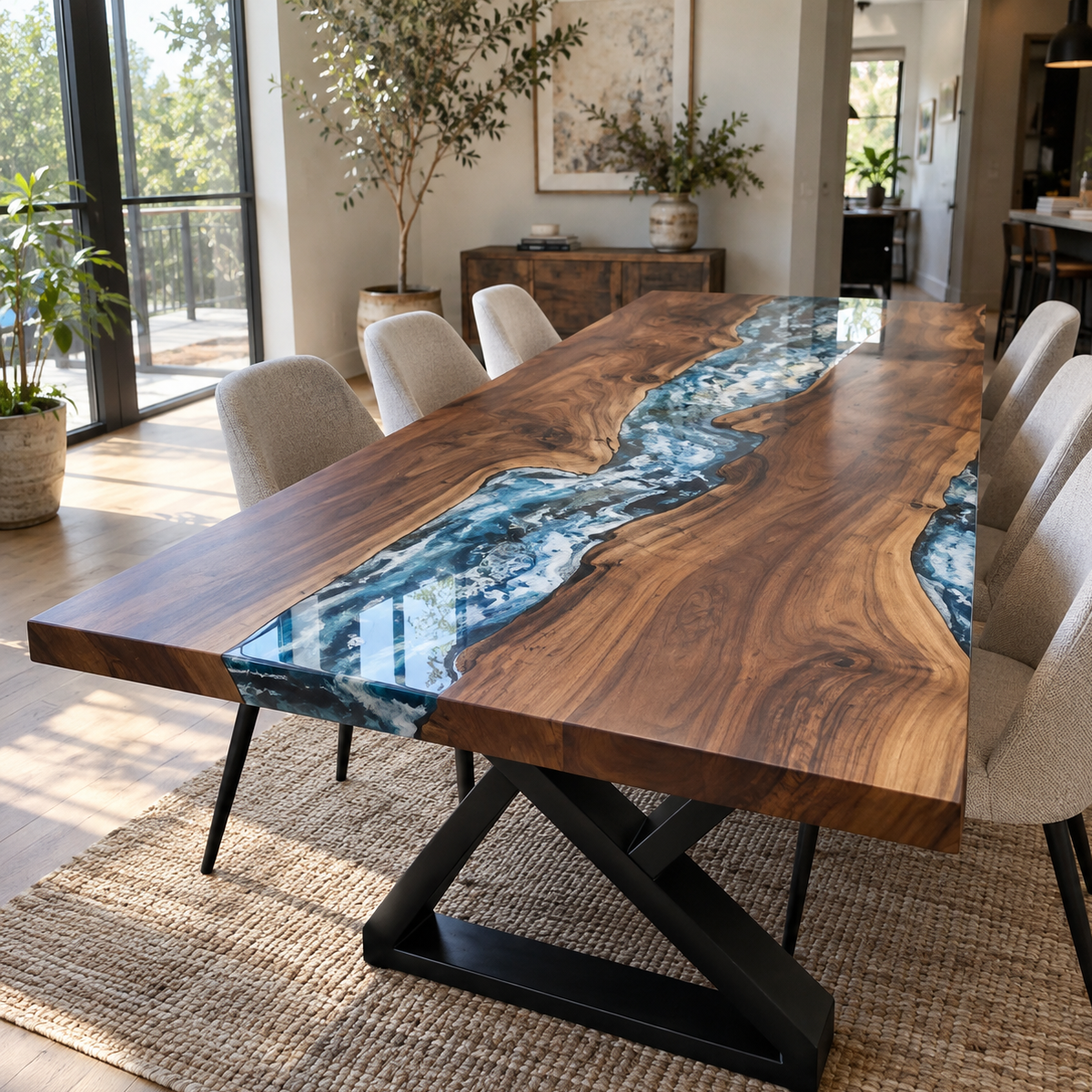 Angled view of a Black Walnut Epoxy Resin dining table with a blue and white ocean wave river beside tall windows
