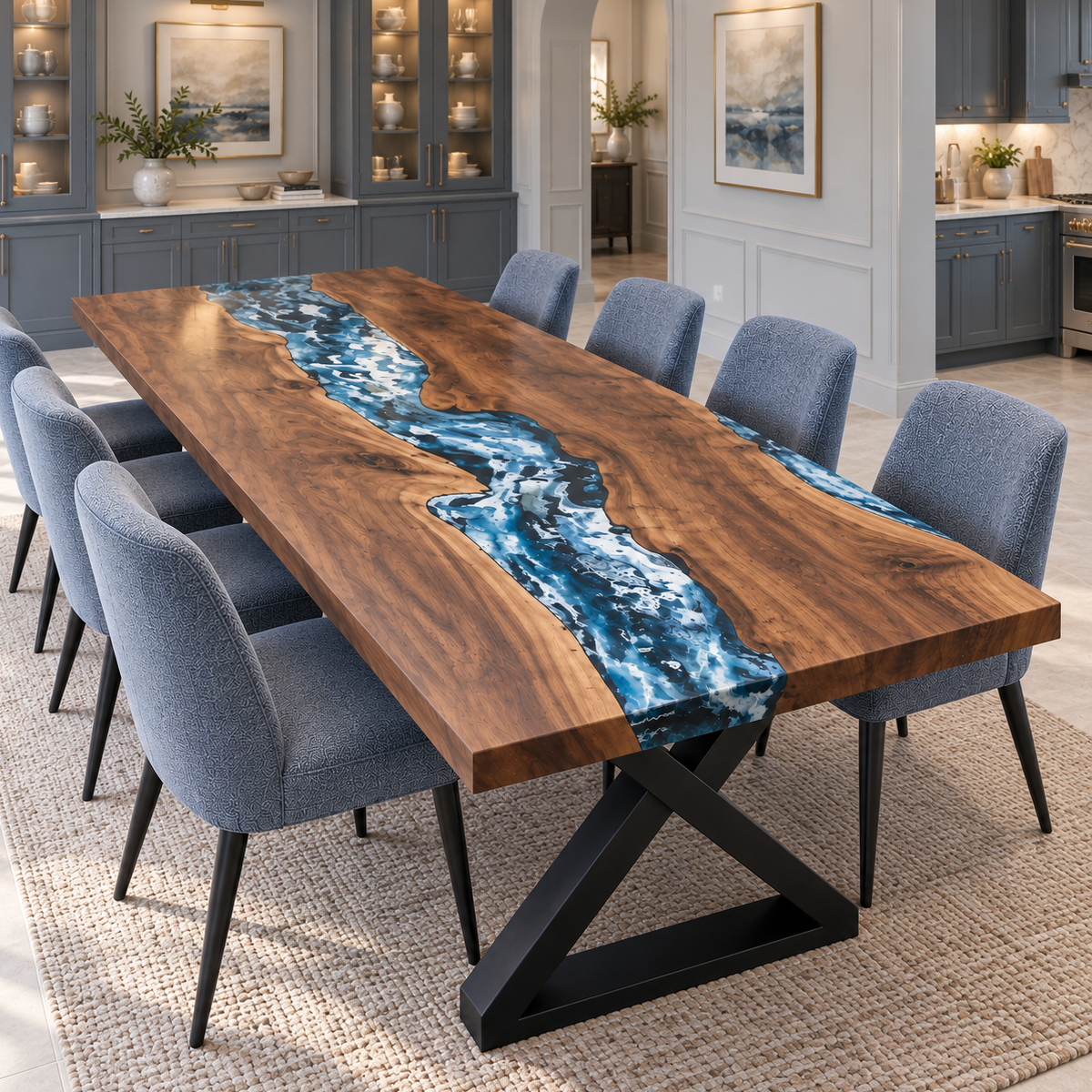 Black Walnut Epoxy Resin dining table shown at an angle with blue upholstered chairs and a flowing ocean wave river