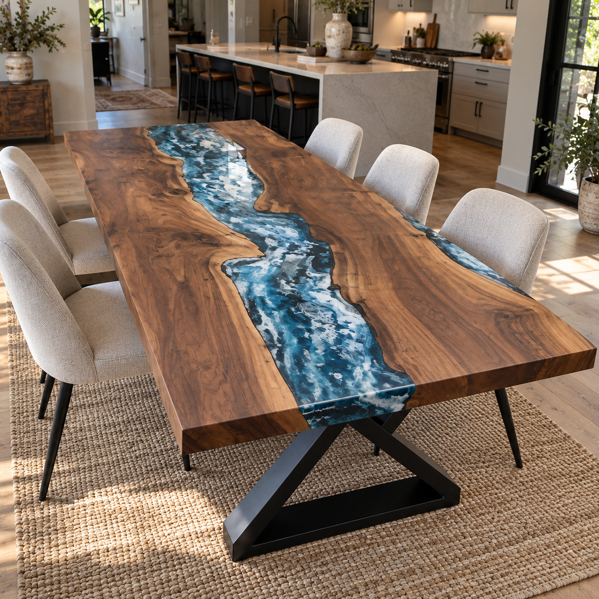 Elevated view of a Black Walnut Epoxy Resin dining table showing the blue wave river and figured wood in an open kitchen
