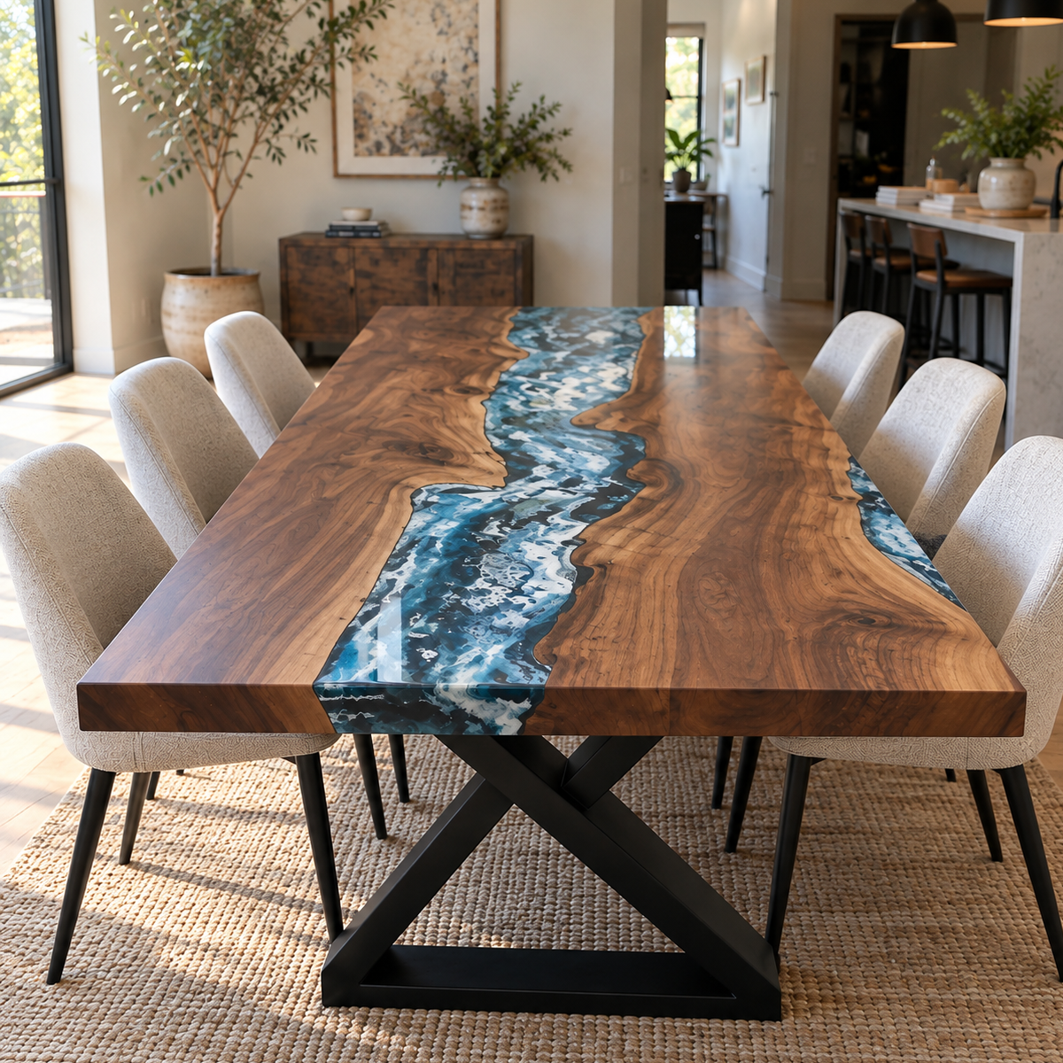 Front view of a Black Walnut Epoxy Resin dining table with a blue and white river, black X-shaped base, and cream chairs