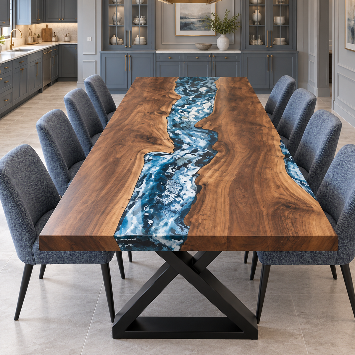 Black Walnut Epoxy Resin dining table with a blue ocean wave river, shown from the end in a kitchen with blue-gray cabinetry