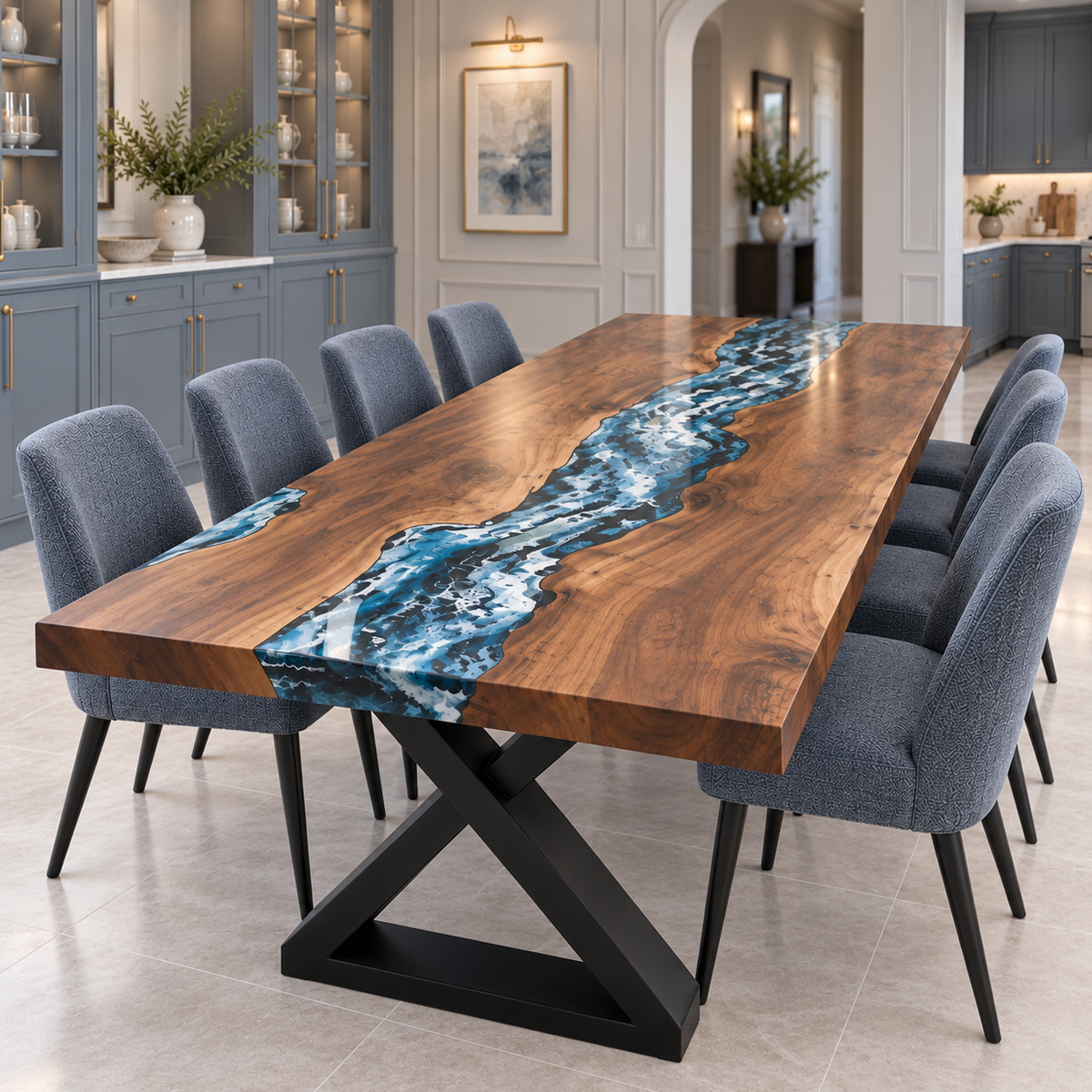 Angled tabletop view of a Black Walnut Epoxy Resin dining table highlighting white wave patterns and swirling wood grain