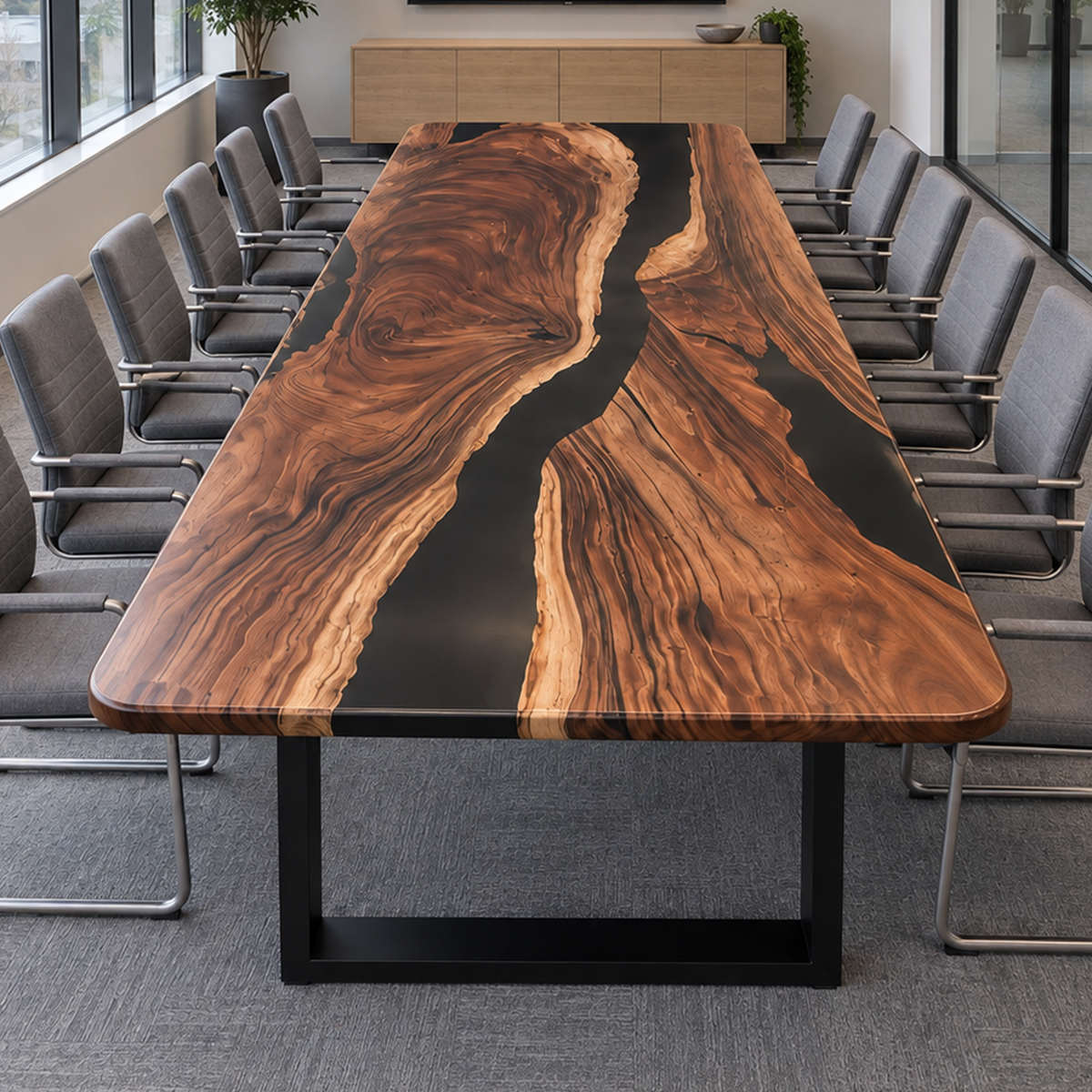 Elevated view of a walnut conference table with black resin following irregular wood contours and pale golden inner edges