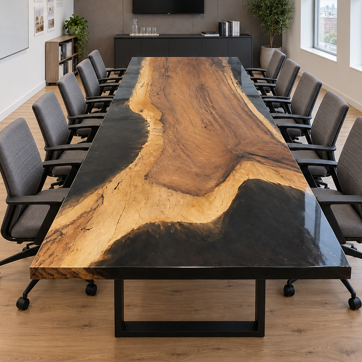 Long walnut conference table featuring flowing brown grain and pale golden wood borders set within glossy dark epoxy resin