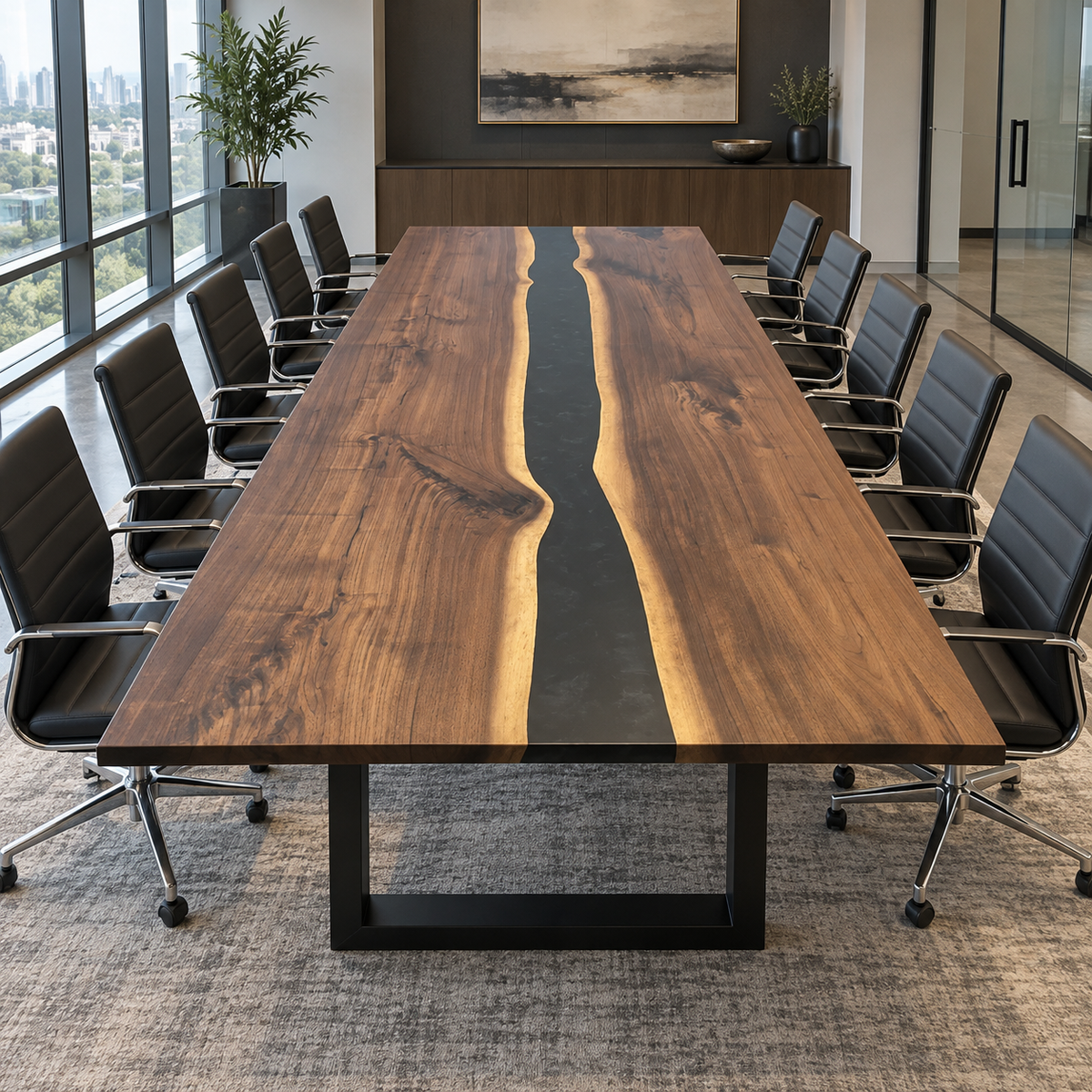 Large black walnut and epoxy resin conference table surrounded by ten black office chairs in a spacious modern meeting room.