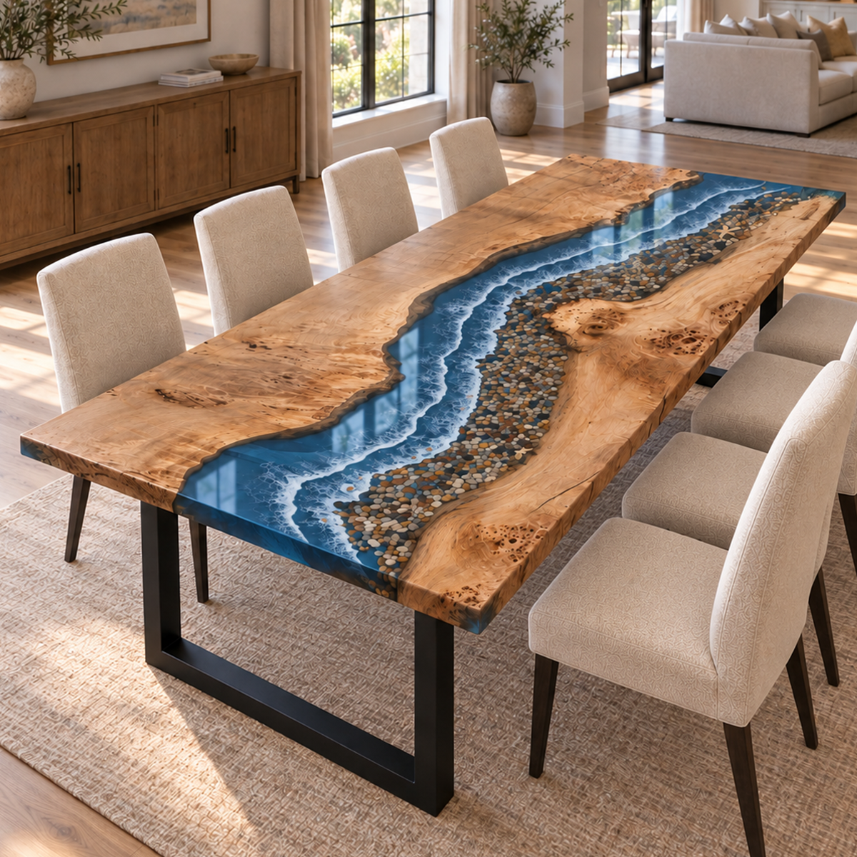 Poplar and blue epoxy dining table with white wave details and a pebble coastline, paired with cream upholstered chairs