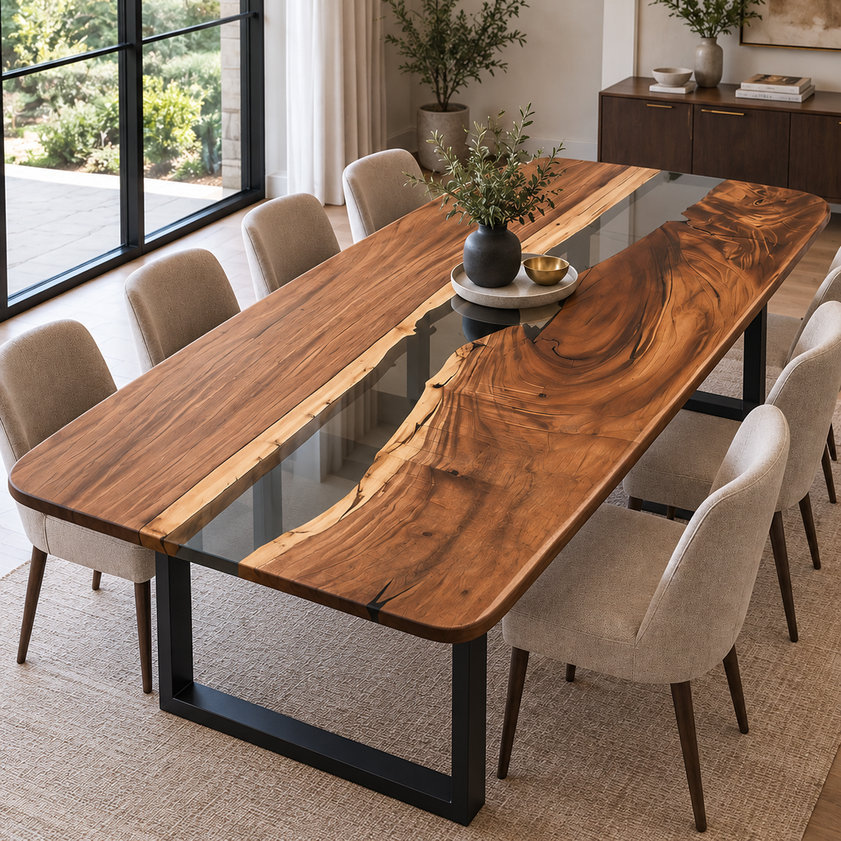 Natural wood epoxy resin dining table with a smoky black river design and rich flowing grain in a modern dining room
