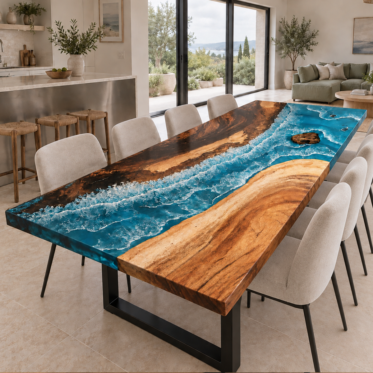 Live edge wood dining table with vivid blue ocean resin design and black metal legs in a bright modern dining room