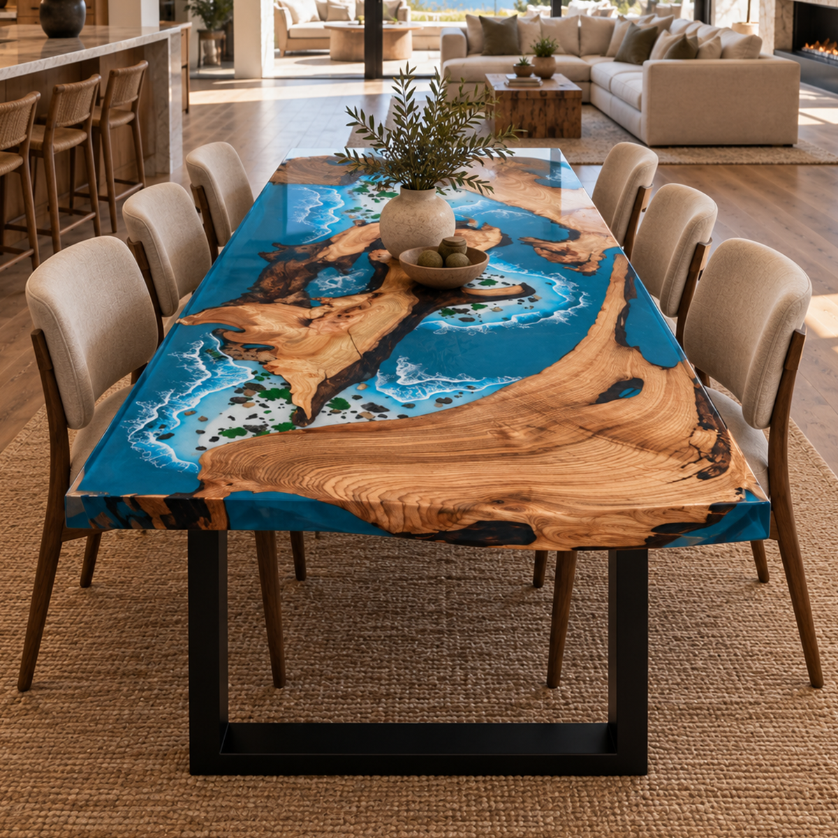 Olive wood dining table with detailed ocean-inspired epoxy resin artwork in a modern interior