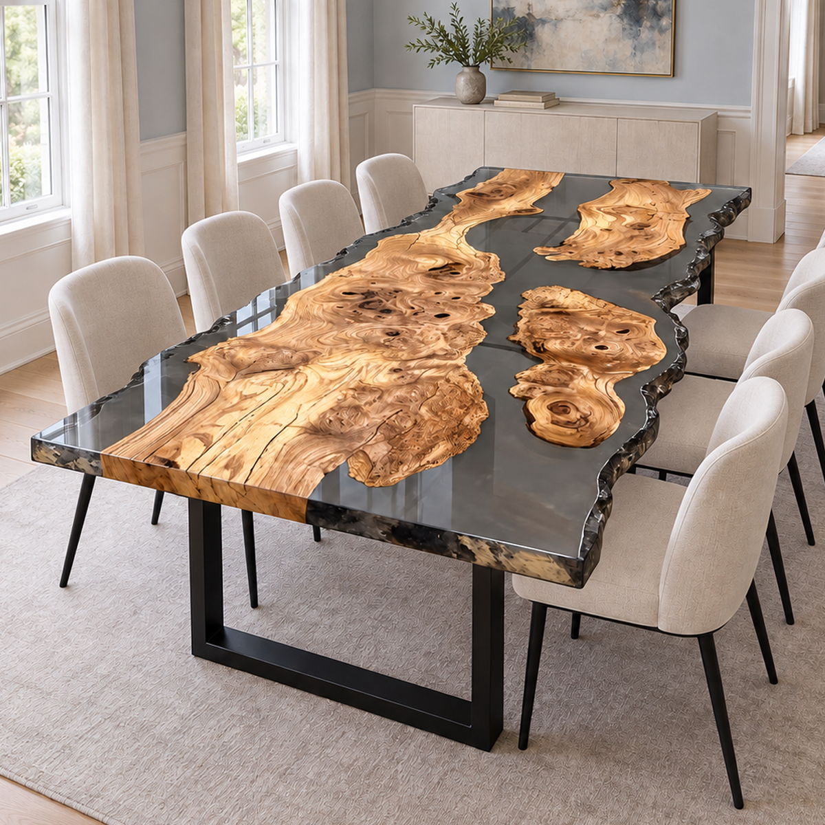 Olive wood dining table with transparent black resin and black U-shaped legs, shown with cream chairs in a bright dining room.