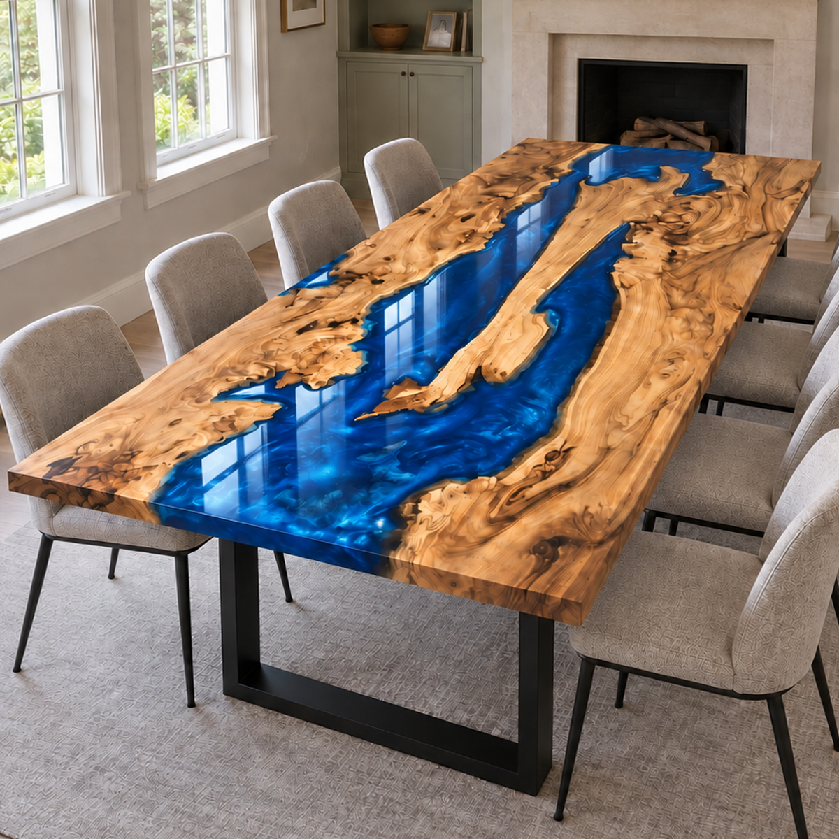 Golden olive wood with intricate dark grain bordering a branching blue epoxy section on a dining tabletop