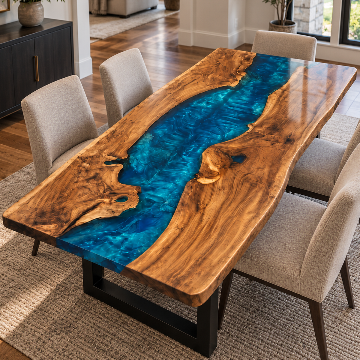 Olive wood epoxy resin dining table with a vivid blue river design in a stylish modern dining room
