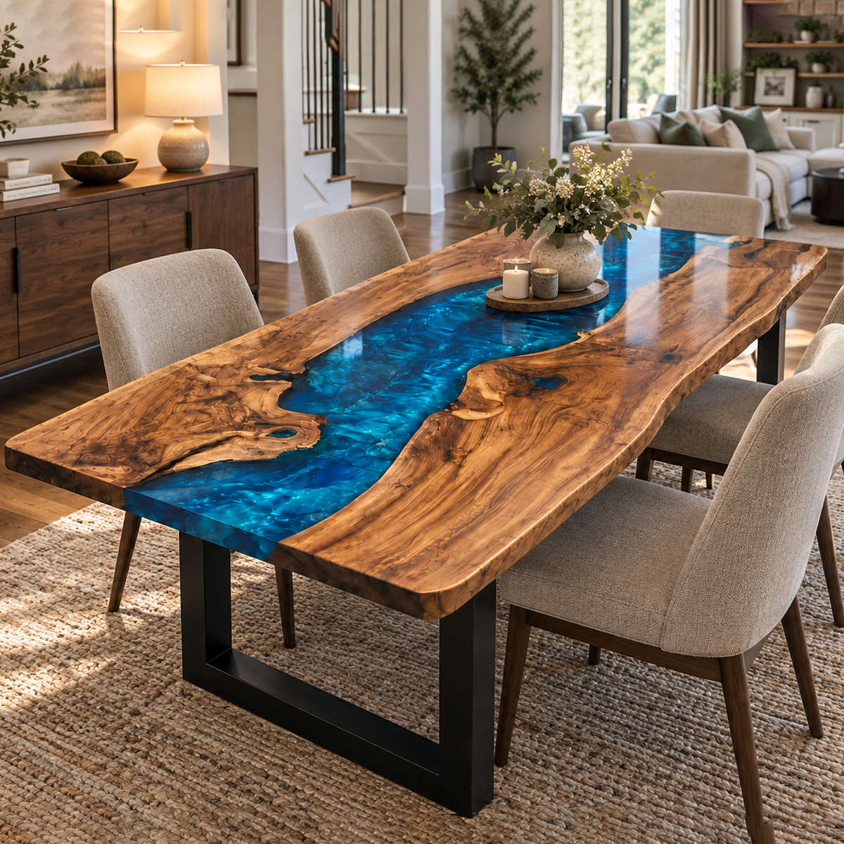 Olive wood dining table with a striking turquoise epoxy resin river and natural grain in a contemporary interior