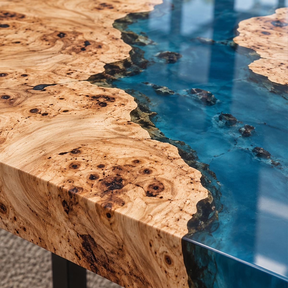 Golden poplar burl tabletop with intricate grain and dark knot details beside a flowing teal-blue epoxy river