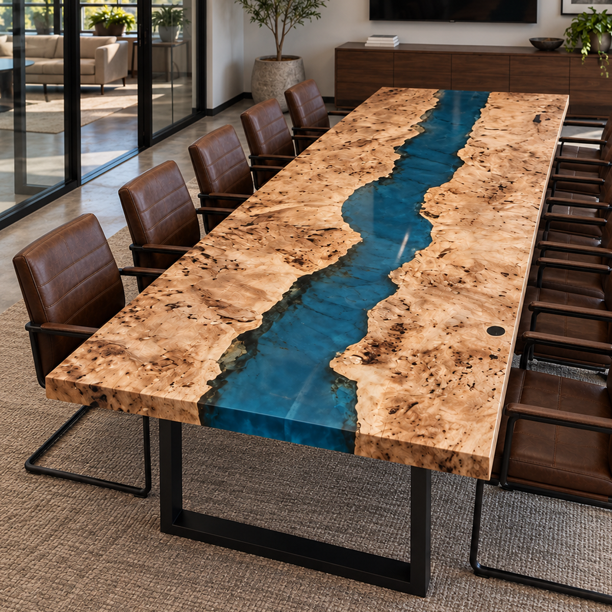 Poplar burl conference table with a winding blue epoxy river bordered by golden wood with dense knots and swirling grain