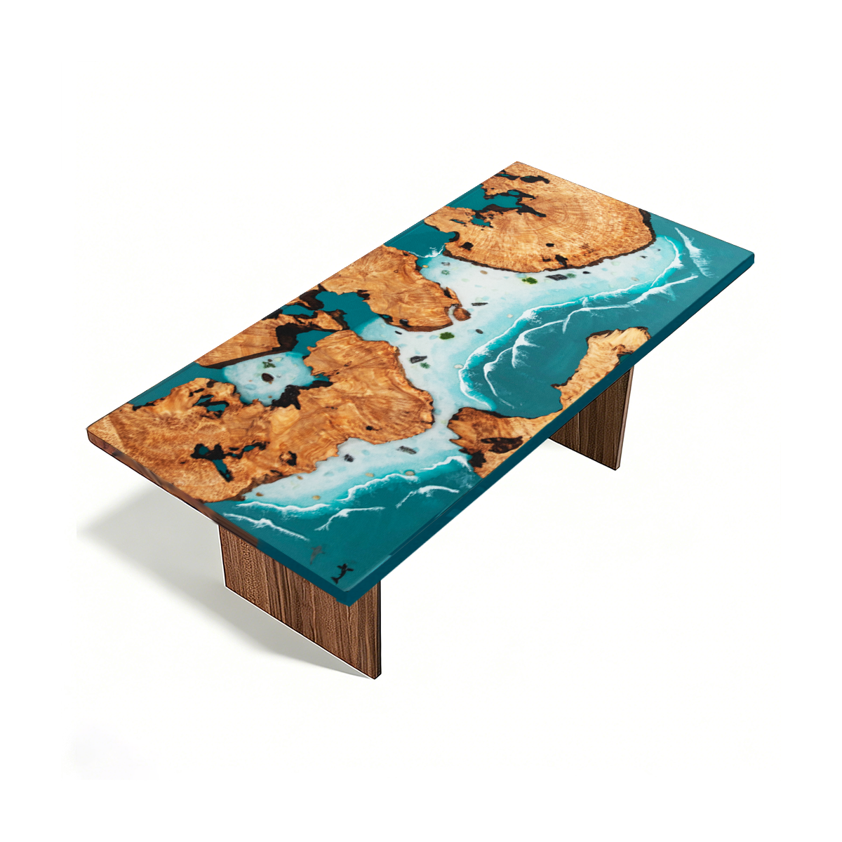 Angled studio view of a poplar burl ocean resin dining table, showing golden wood islands, white waves and wooden panel legs.