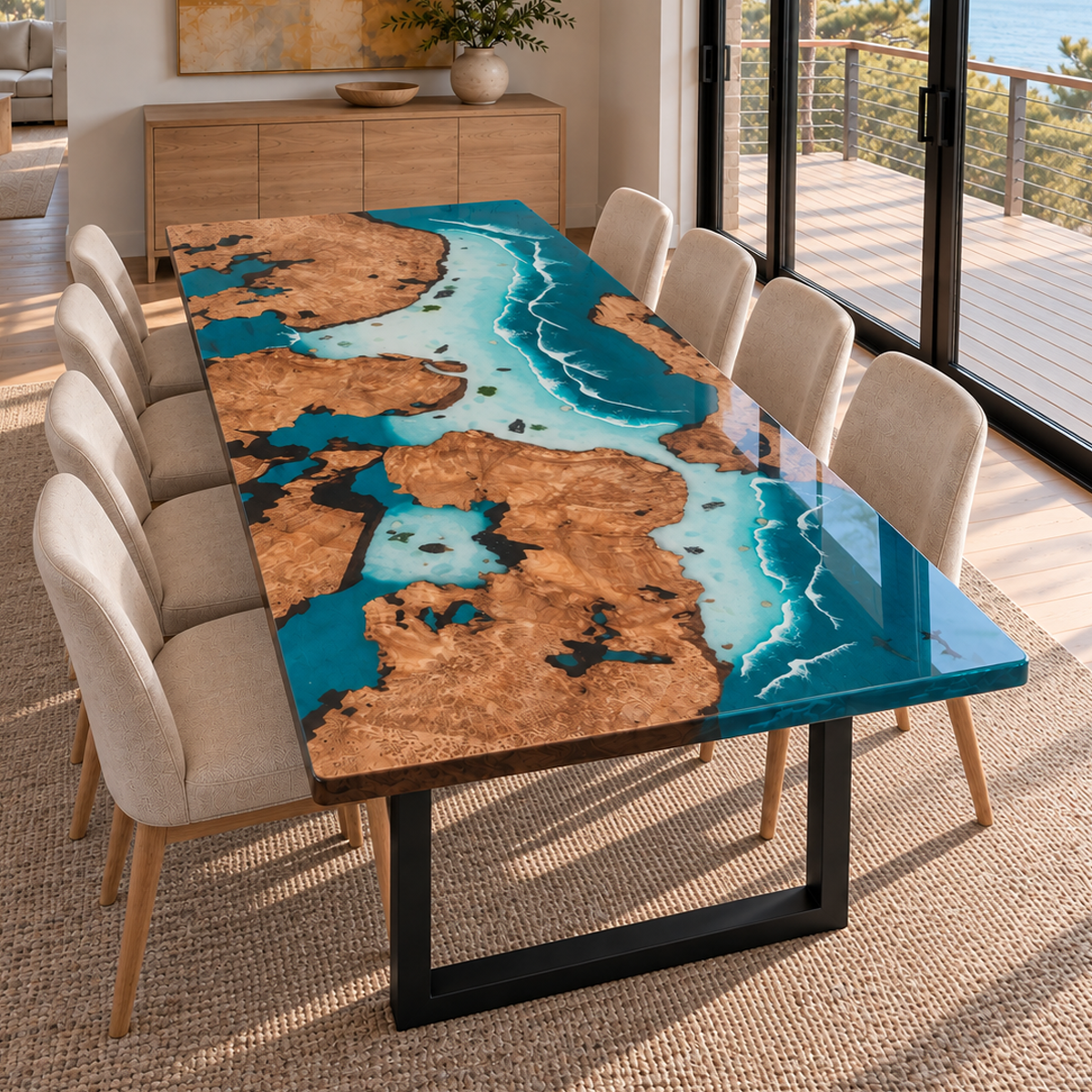 Poplar burl ocean resin dining table with turquoise water patterns, white waves and black U-shaped legs in a sunny dining room.