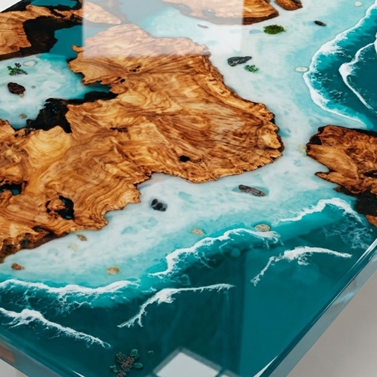 Close-up of golden poplar burl grain bordered by pale blue resin and white wave details beside a deeper turquoise section.