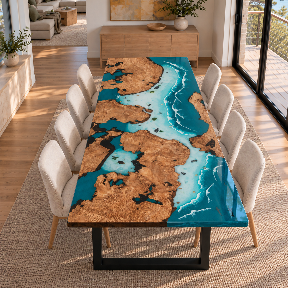 Elevated end view of a poplar burl and turquoise resin dining table with island patterns, white waves and cream dining chairs.