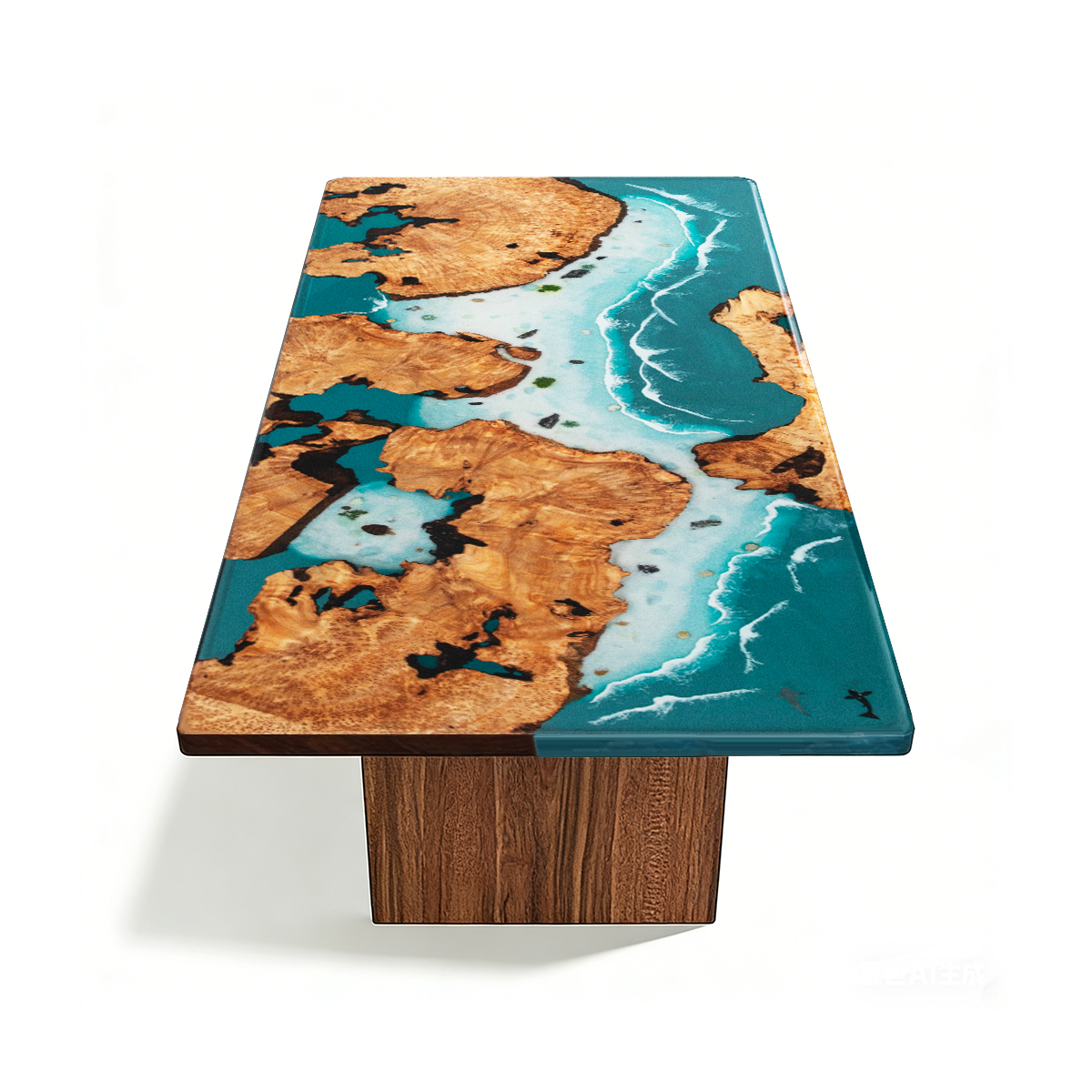 Front studio view of a poplar burl ocean resin dining table with a wooden panel base and blue resin along the tabletop edge.