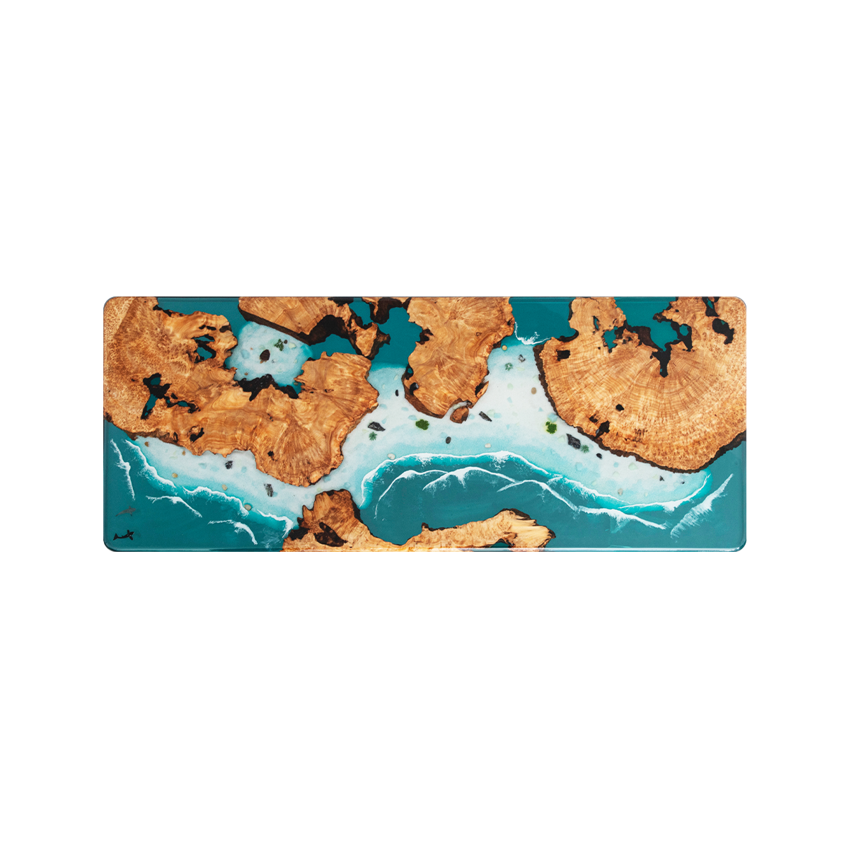Overhead view of a rectangular poplar burl and turquoise resin tabletop, with island-shaped wood sections and white wave details.