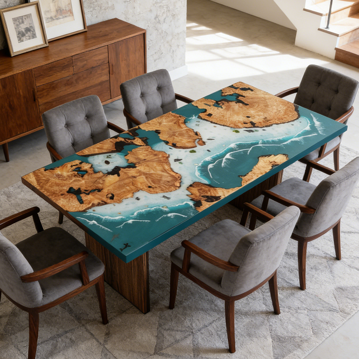 Poplar burl and turquoise ocean resin dining table with wooden panel legs and gray dining chairs in a bright room beside stairs.