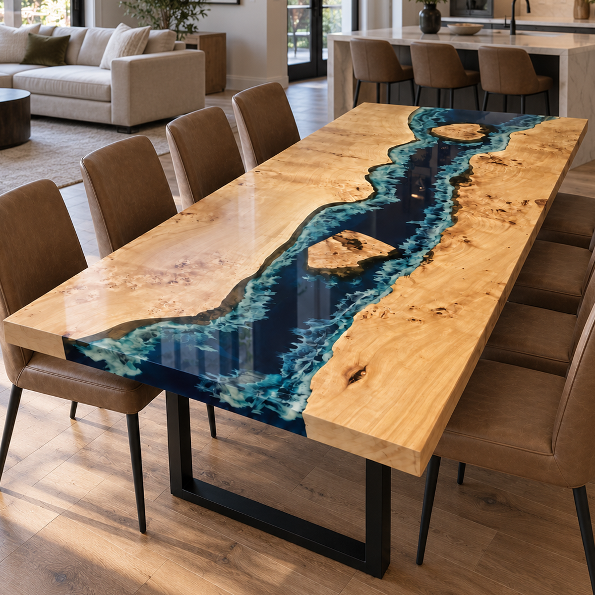 Angled view of a poplar blue wave epoxy resin dining table with brown chairs beside an open kitchen and living area.