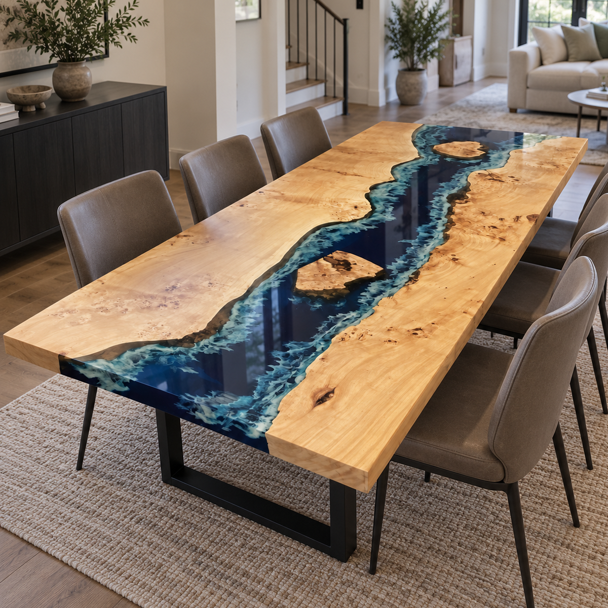 Poplar dining table with a deep blue epoxy resin river and white wave details, shown on a woven rug beside a dark sideboard.