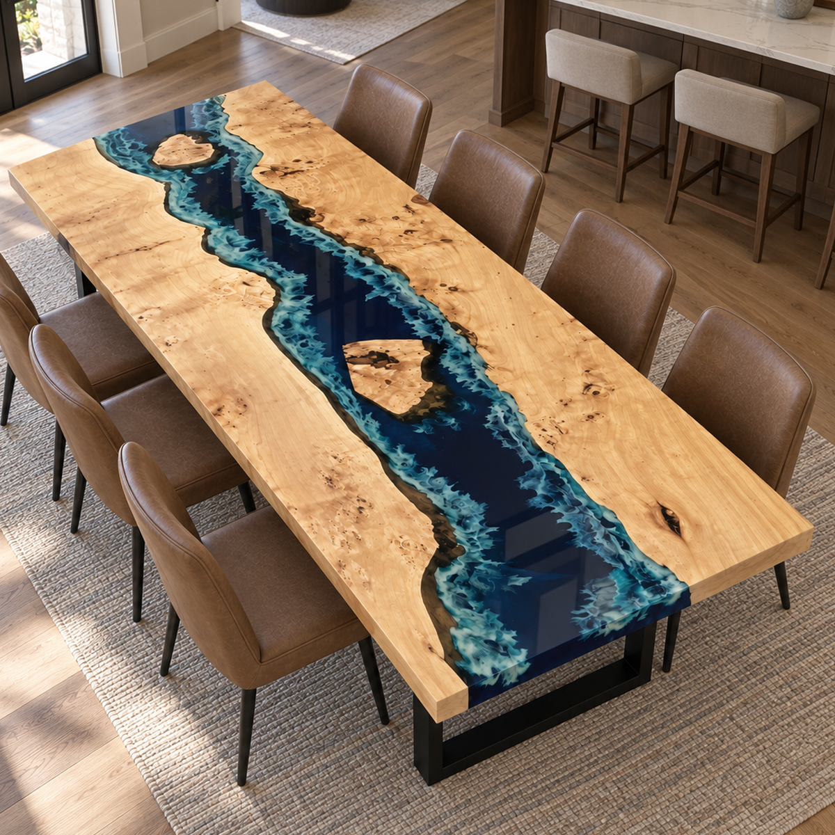 Elevated view of a poplar ocean wave epoxy resin dining table, showing two wood islands and pale grain between brown chairs.