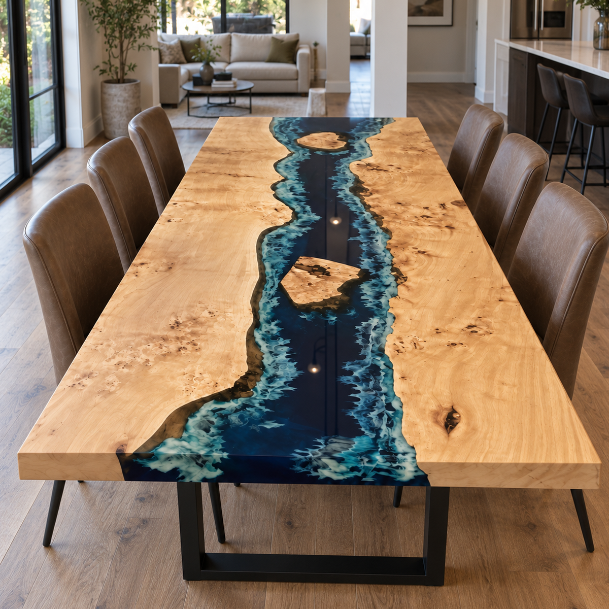 Front view of a poplar dining table with a blue ocean wave epoxy resin river, two wood islands and black U-shaped legs.